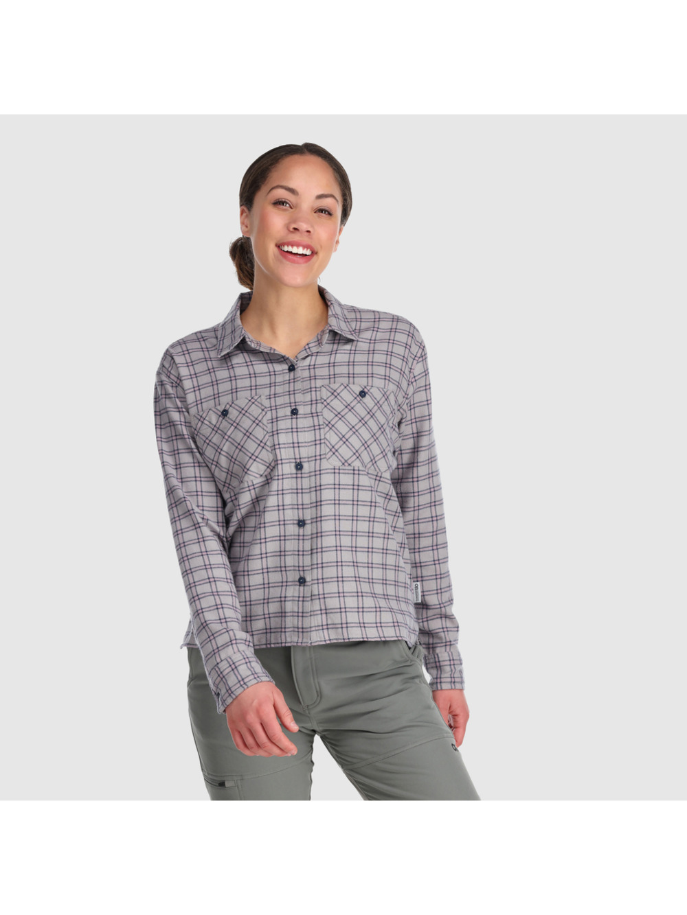 Outdoor Research Top Feedback Lightweight Flannel Plaid Gray Pink Western Size M
